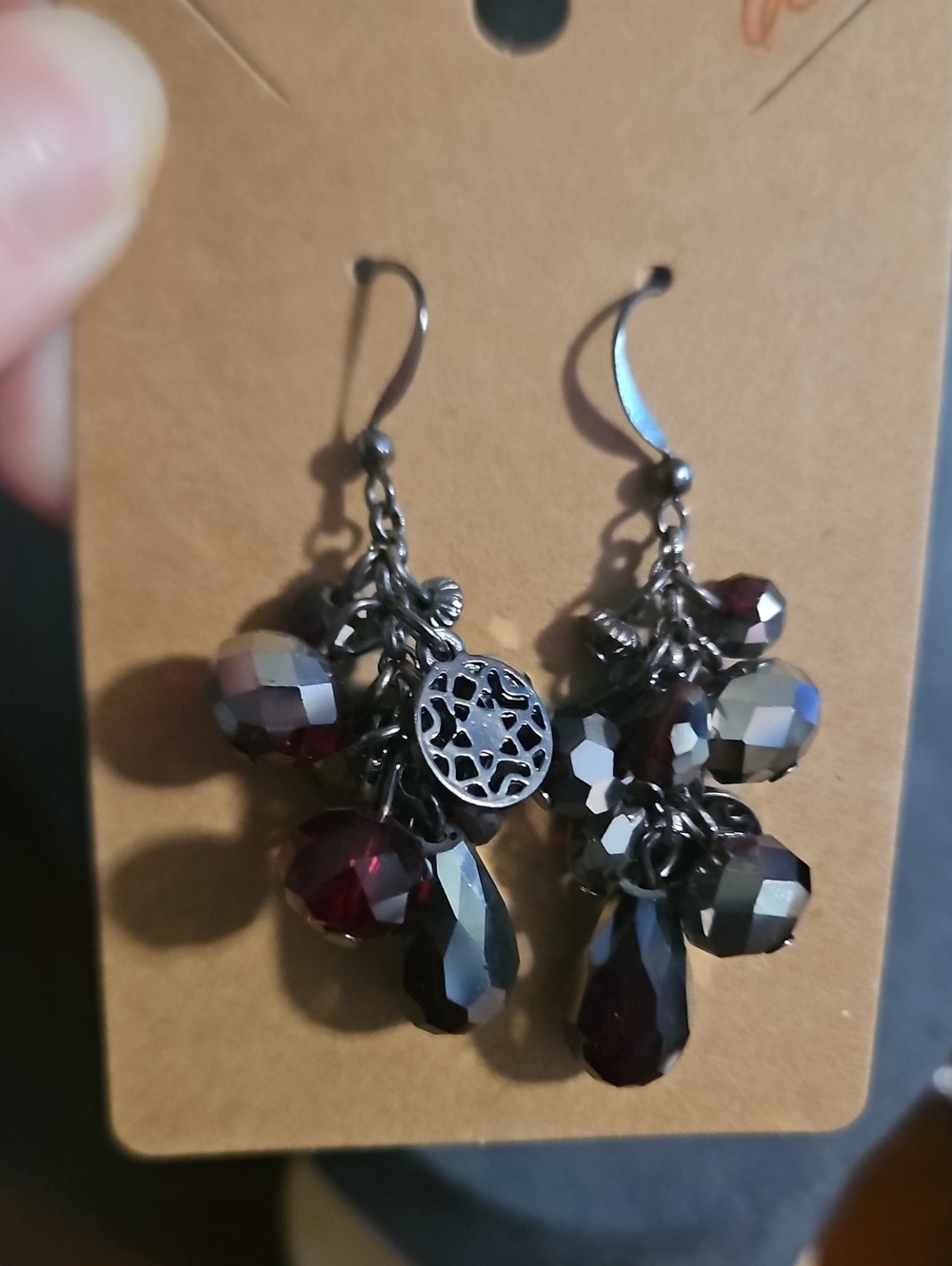 Stylish Cluster Drop Earrings in Deep Burgundy and Gunmetal